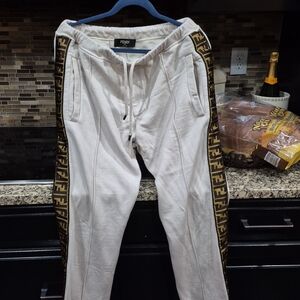 Fendi Men's Cream Joggers with Black and Gold Trim